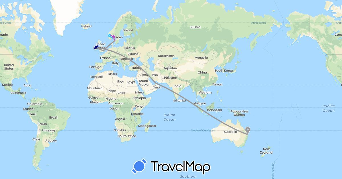 TravelMap itinerary: driving, plane, train, boat in United Arab Emirates, Australia, United Kingdom, Ireland, Norway, Sweden (Asia, Europe, Oceania)